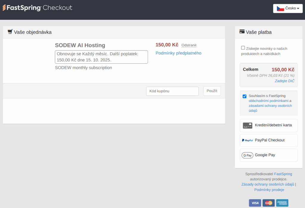 FastSpring Checkout - platba za měsíční předplatné