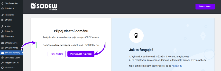 Registrace volné CZ domény v administraci